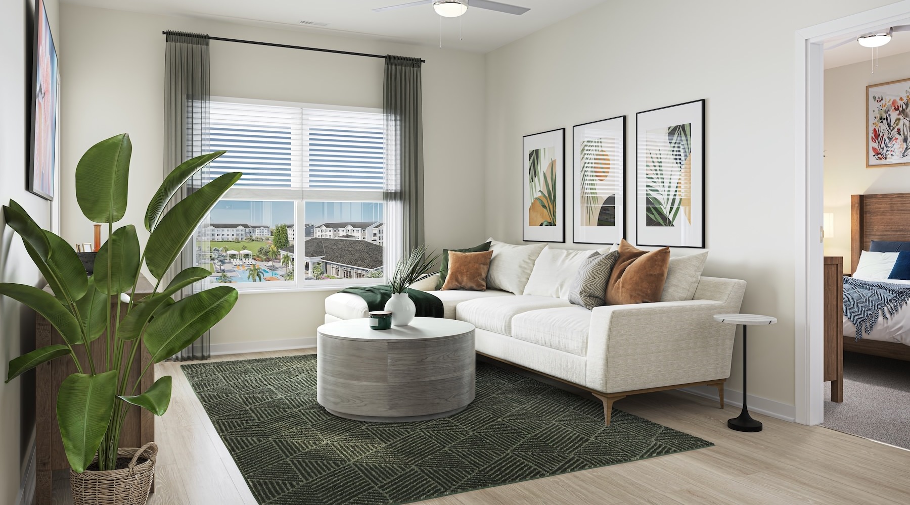Luxury Apartments Near Target – Aventon Grove – Living Area With Wood-Inspired Plank Flooring And 2-Inch Faux Wood Blinds.