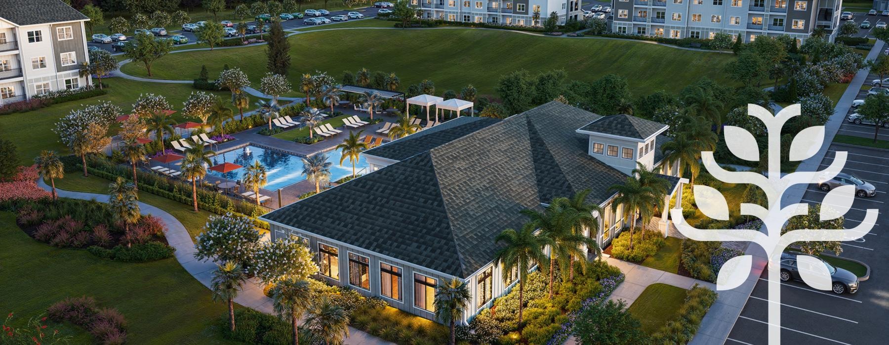 a large clubhouse with a parking lot